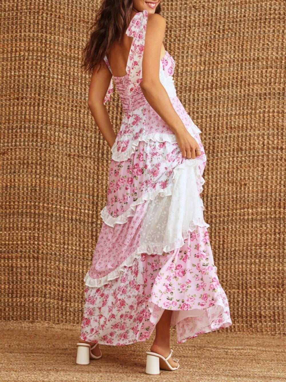 Pink Boho Women's Floral Tie Shoulder Smocked V-Neck Maxi Sundress - Picture 2 of 2